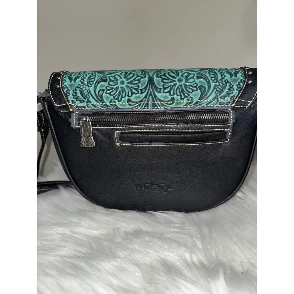 Trinity Ranch Western Tooled Faux‎ Leather Crossbody Bag Turquoise Black Studded